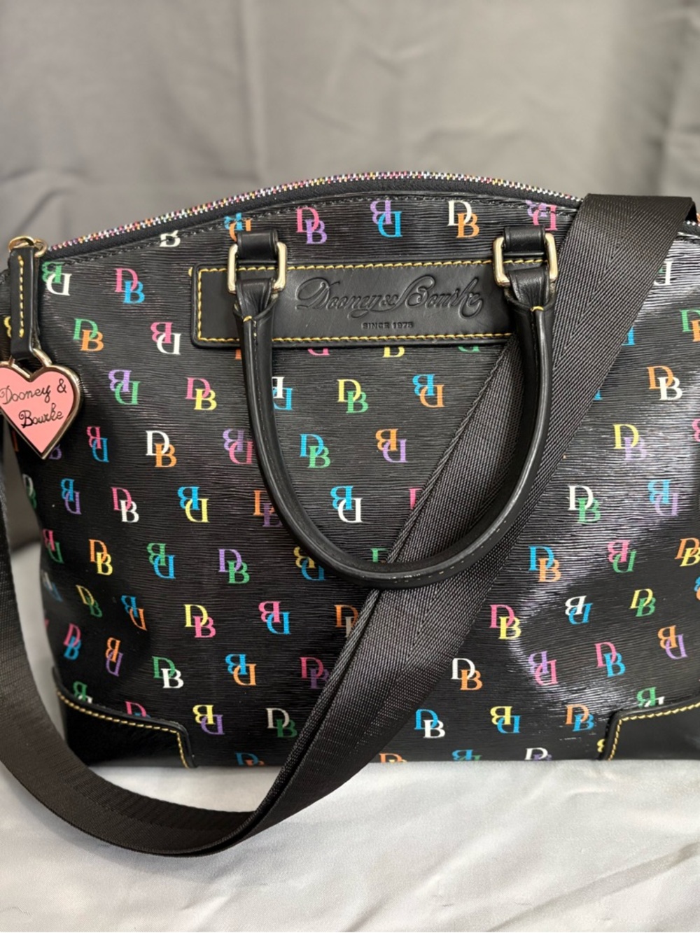 Dooney & Bourke Black Satchel with Multicolor DB Print - Picture 2 of 12